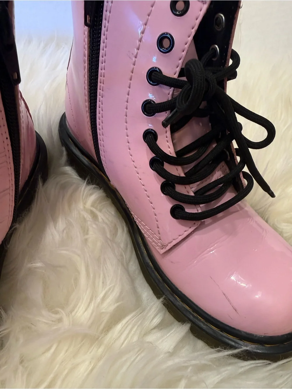 Dr. Martens Pink Patent Lace-Up Combat Boots with Black Laces kids